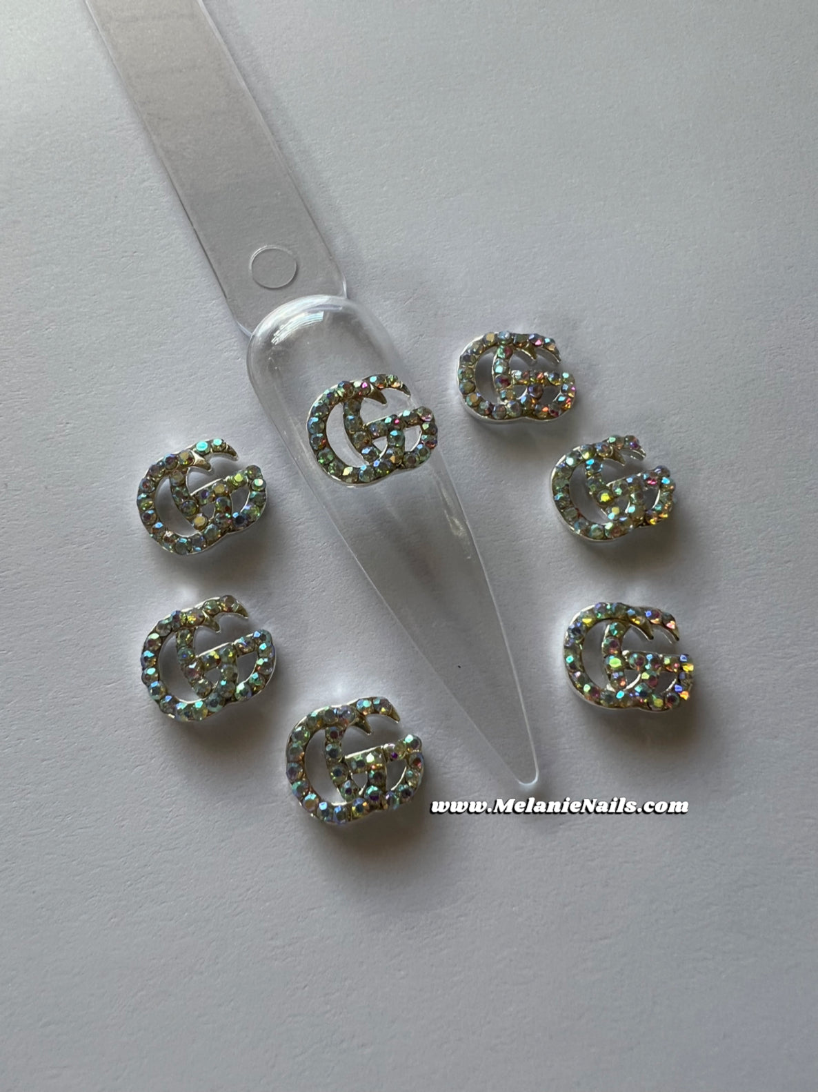 GG Holographic Silver Rhinestone Nail Charms