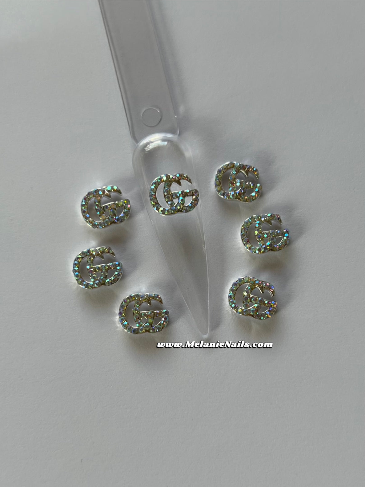 GG Holographic Silver Rhinestone Nail Charms