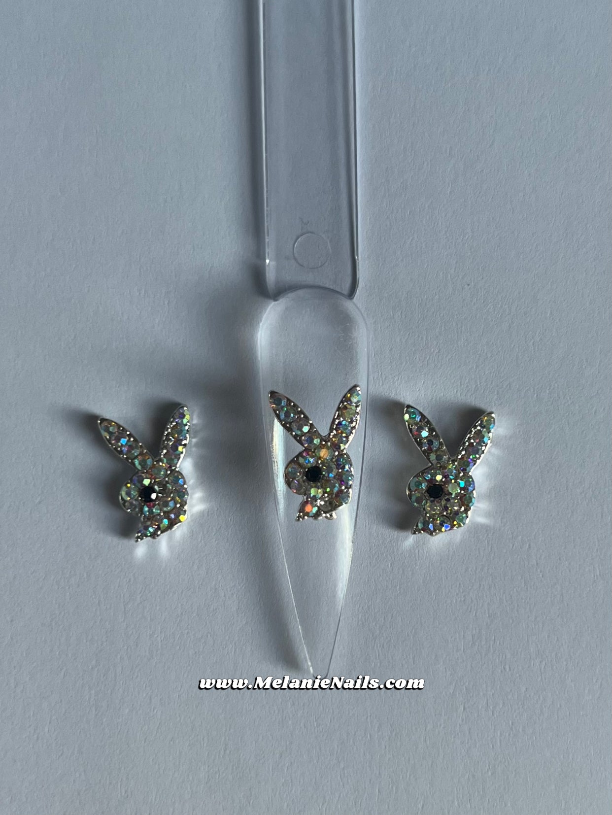 Holographic Silver Rhinestone Bunny Nail Charms