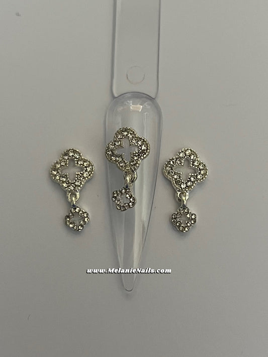 Clover Rhinestone Silver Dangle Nail Charms