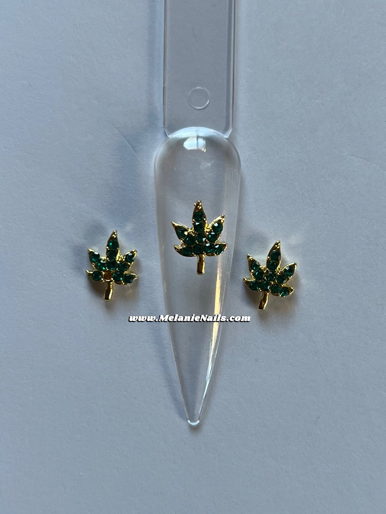 Green Rhinestone Gold Leaf Nail Charms