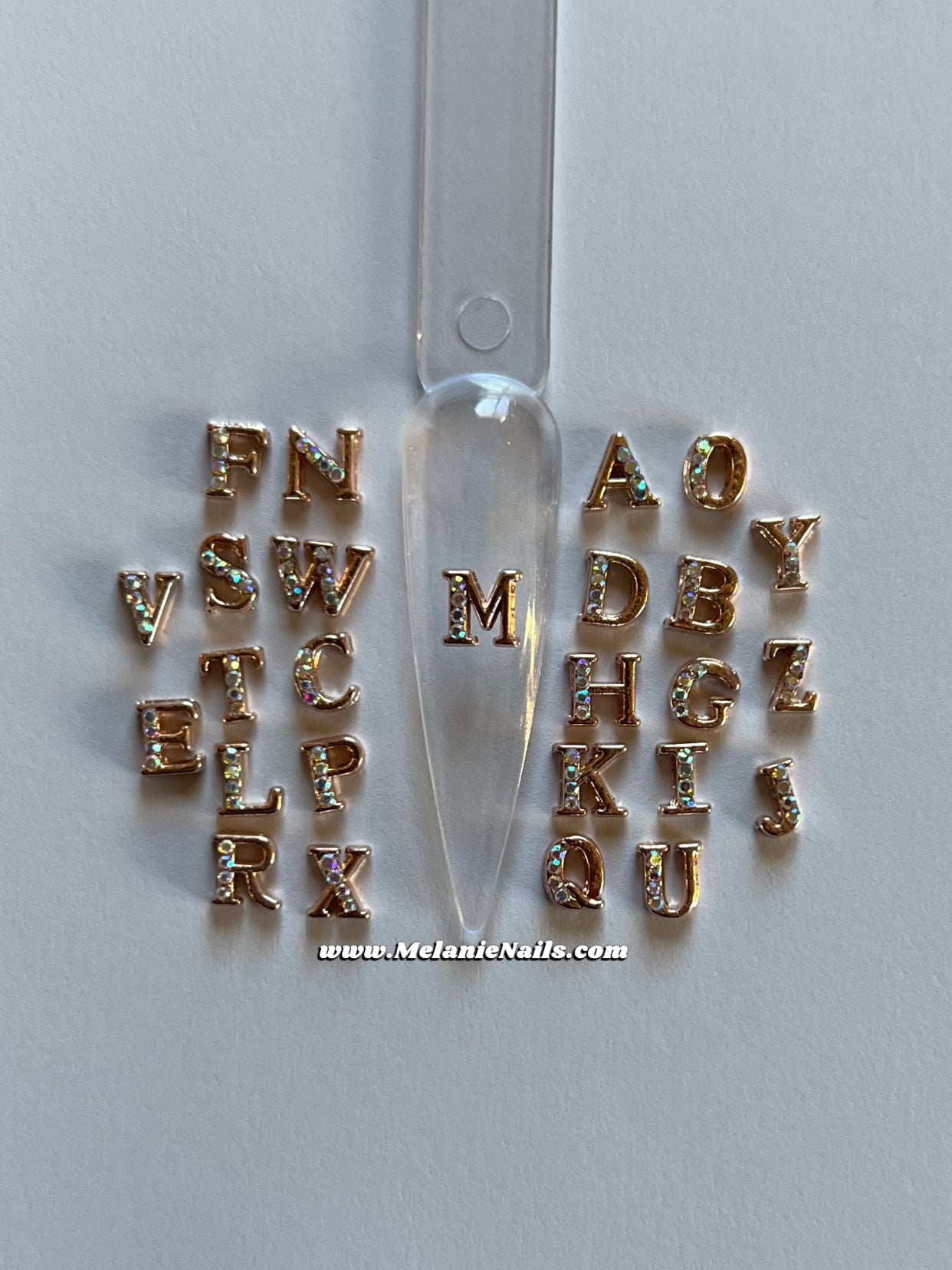 Holographic Rhinestone Rose Gold Letter Nail Charms