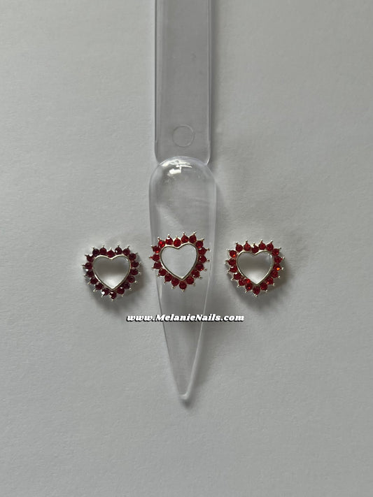 Red Rhinestone Silver Heart Nail Charms