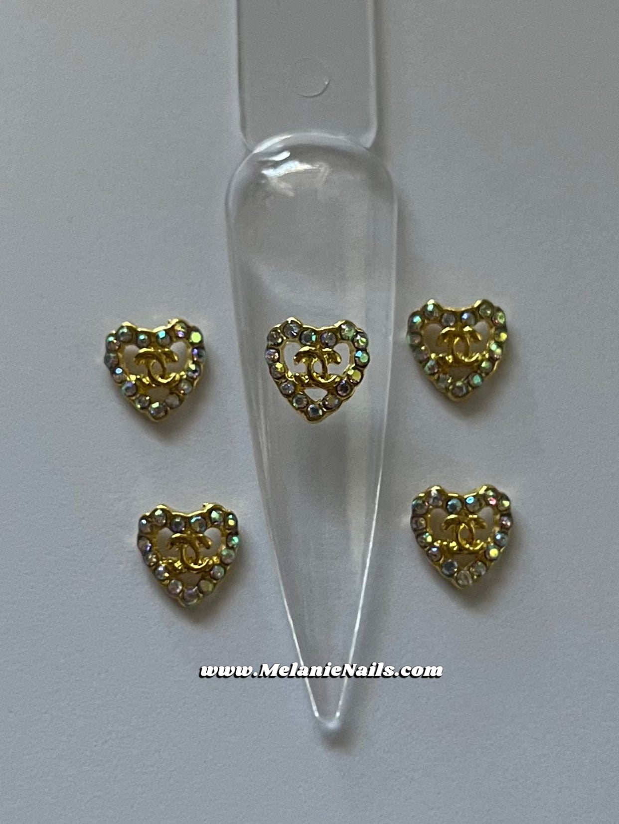 CC Holographic Rhinestone Gold Mini Heart Nail Charms