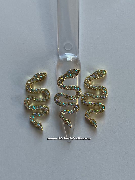 Holographic Rhinestone Gold Snake Nail Charms