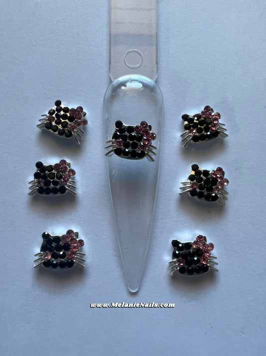 Black/Pink Bow Kitty Nail Charms