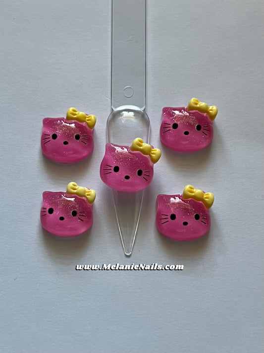 Yellow Bow Pink Kitty Nail Charms