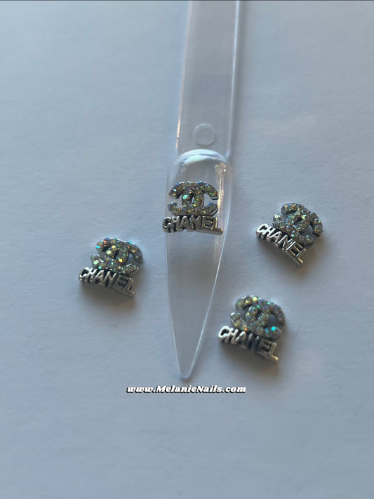 CC Holographic Rhinestone Silver Nail Charms