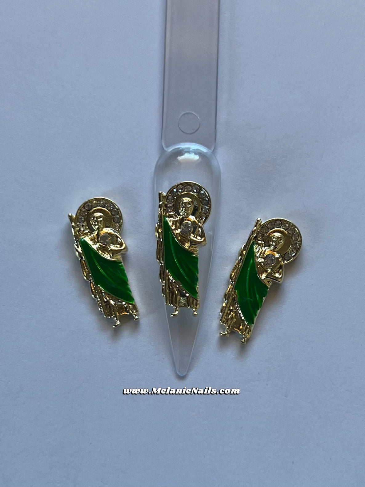 San Judas Gold Diamond Green Nail Charms